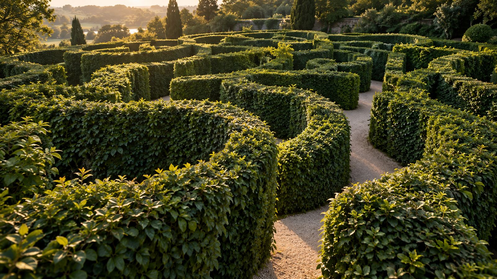 A hedge maze in the evening light, seen at an angle from above; curving gravel paths lead between the hedges.