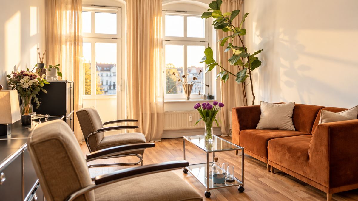 Der Praxisraum im Sonnenlicht: zwei Freischwingersessel, ein rostbraunes Samtsofa und ein gläserner Rolltisch vor hohen Fenstern.