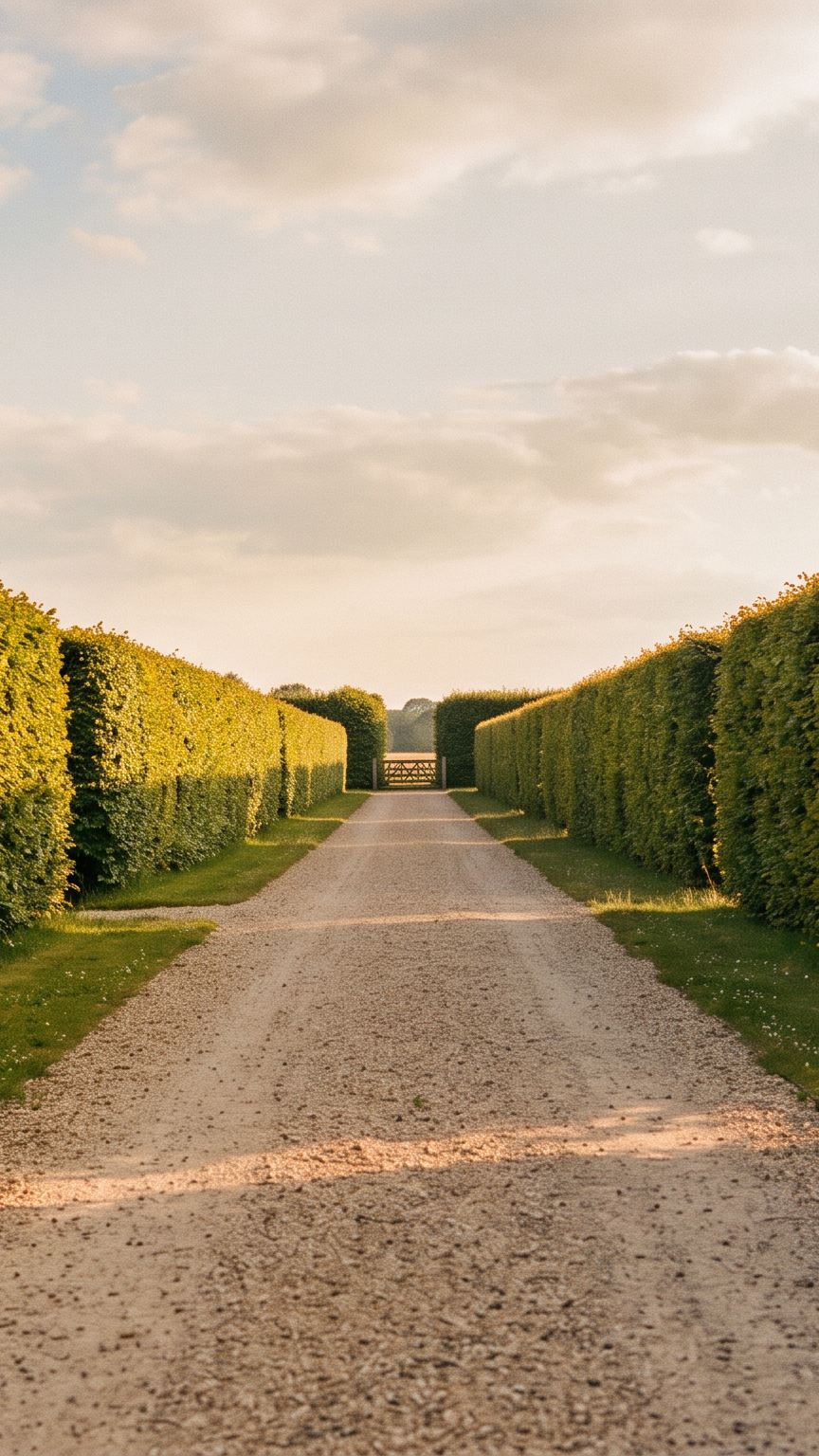 A gravel path between tall hedges in evening light, with a gate at the end.